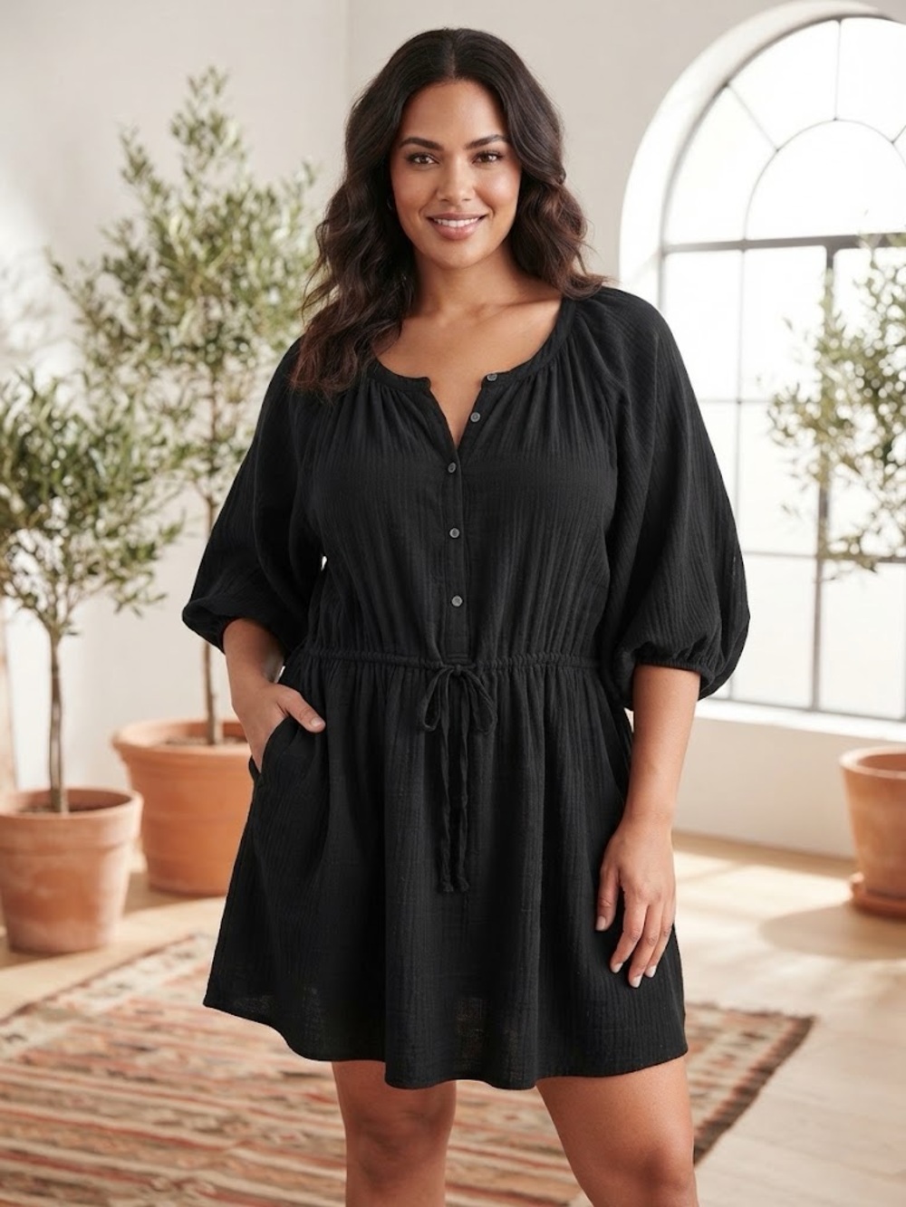 Old Navy size XL Black Button-Front Cotton Dress with relaxed puff sleeves